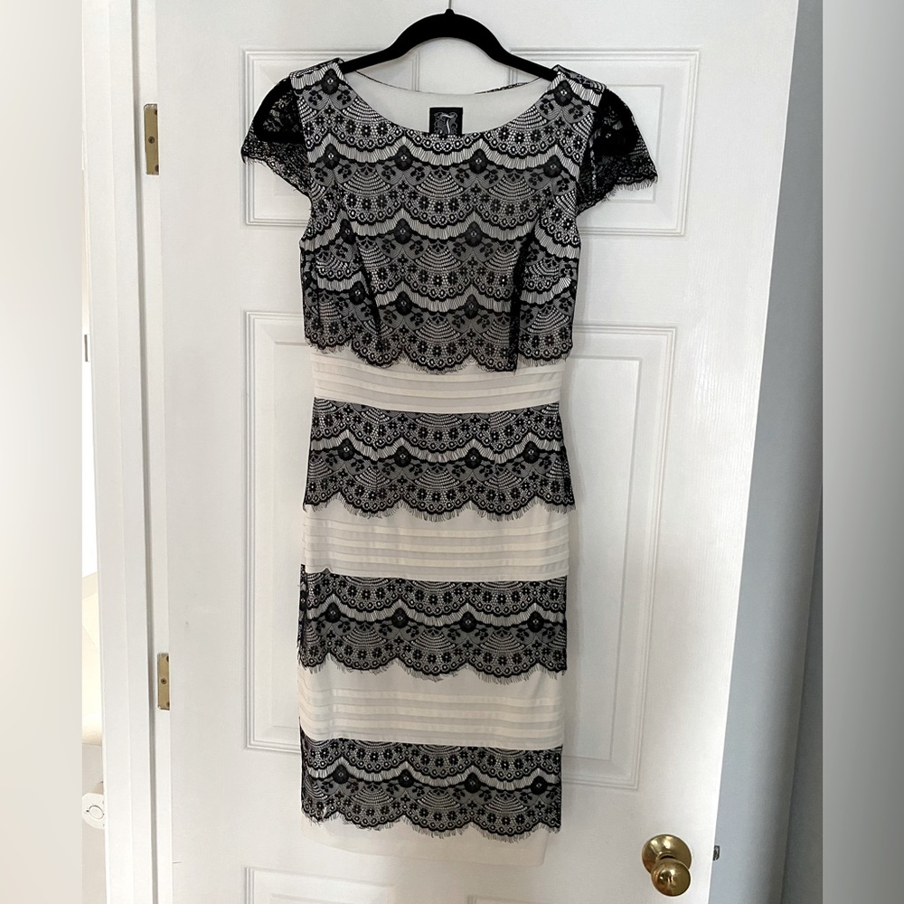 White House Black Market black and white lace cocktail wedding dress